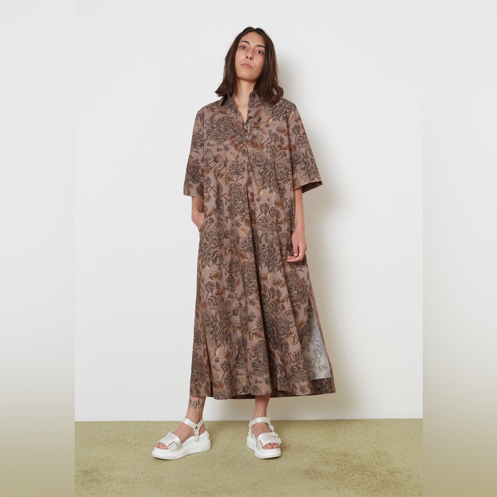Ganni Oversized Poplin Maxi Shirt Dress EU 34 Cotton Brown Botanical Print - Picture 1 of 16